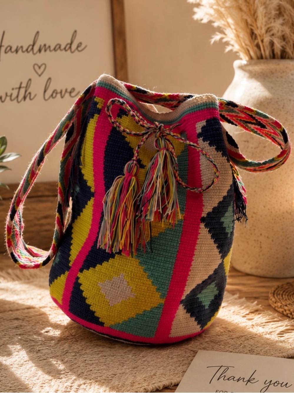 Handmade Wayuu mochila woven crocheted bucket bag colorful geometric pattern EUC